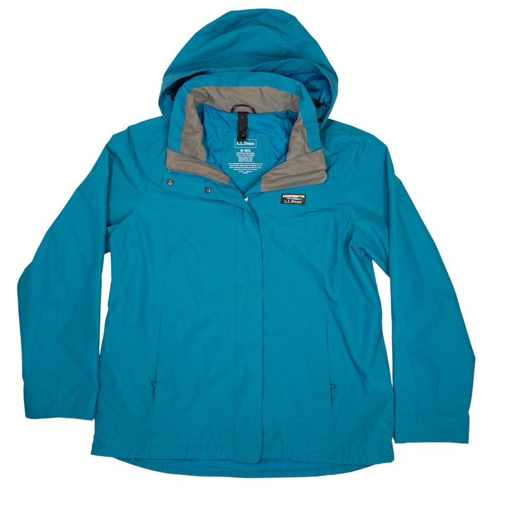 LL Bean Rain Jacket Women M Regular Teal Blue Good Hooded Outdoor Shell 501839